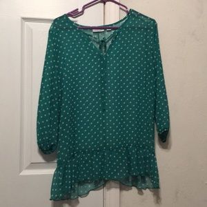 Green pokadot top. Tie neck